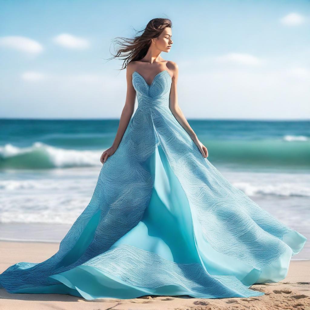 A visually striking cover photo for a dress designer's portfolio, showcasing an elegant dress inspired by the ocean