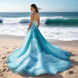 A visually striking cover photo for a dress designer's portfolio, showcasing an elegant dress inspired by the ocean