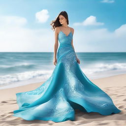 A visually striking cover photo for a dress designer's portfolio, showcasing an elegant dress inspired by the ocean