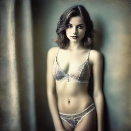 A realistic depiction of a young woman in lingerie, captured in a grainy photo style