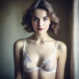 A realistic depiction of a young woman in lingerie, captured in a grainy photo style