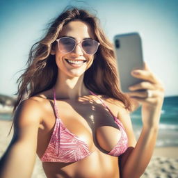 A realistic depiction of a young woman in a bikini, captured in a grainy photo style