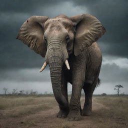 A terrifying depiction of a zombie elephant, with decaying skin and vacant eyes, trudging through an abandoned savannah under a gloomy, stormy sky.