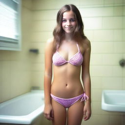 A high-resolution, realistic depiction of a teenage girl in a bikini, captured in a grainy photo style