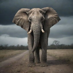 A terrifying depiction of a zombie elephant, with decaying skin and vacant eyes, trudging through an abandoned savannah under a gloomy, stormy sky.