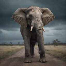 A terrifying depiction of a zombie elephant, with decaying skin and vacant eyes, trudging through an abandoned savannah under a gloomy, stormy sky.