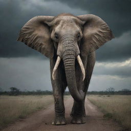 A terrifying depiction of a zombie elephant, with decaying skin and vacant eyes, trudging through an abandoned savannah under a gloomy, stormy sky.