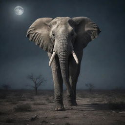 A chilling yet compelling image of an undead elephant, with skeletal features and haunting eyes, slowly moving through a desolate landscape under a moonlit sky.