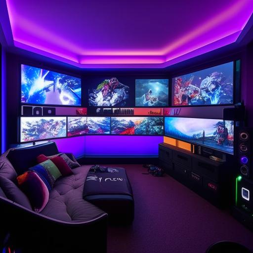 A cozy bedroom featuring a comfortable sofa in front of a state-of-the-art gaming setup with multiple monitors, ambient LED lights, high-end gaming equipment, and gaming memorabilia surrounding the area.