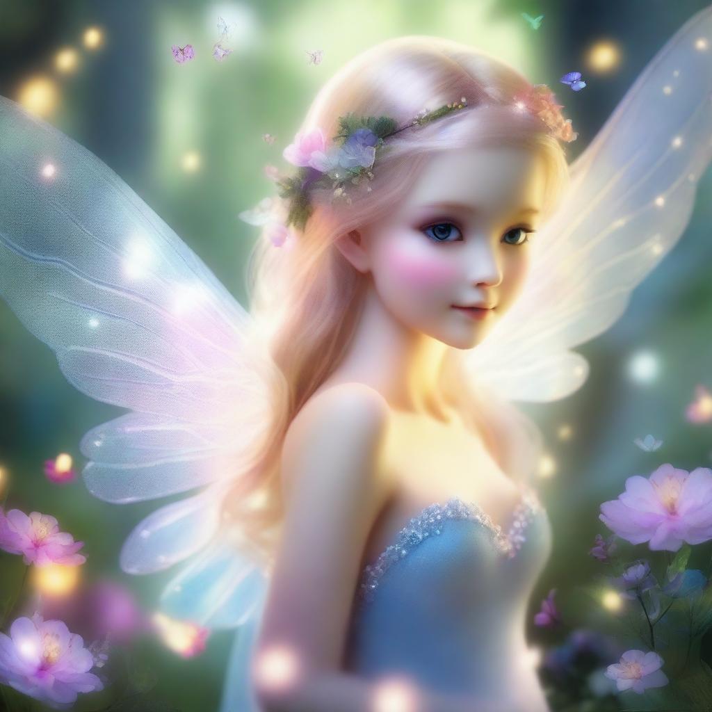 A delicate and enchanting fairy with translucent wings, surrounded by a magical forest