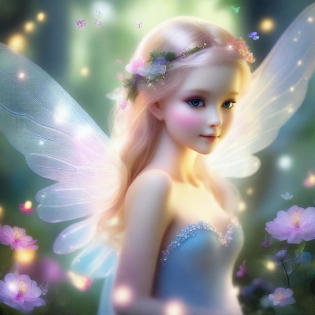 A delicate and enchanting fairy with translucent wings, surrounded by a magical forest