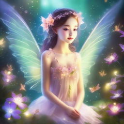 A delicate and enchanting fairy with translucent wings, surrounded by a magical forest