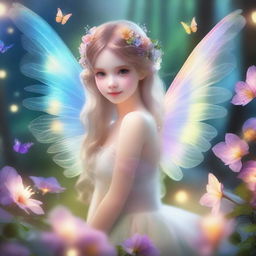 A delicate and enchanting fairy with translucent wings, surrounded by a magical forest