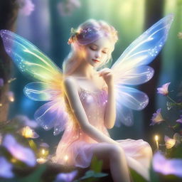 A delicate and enchanting fairy with translucent wings, surrounded by a magical forest