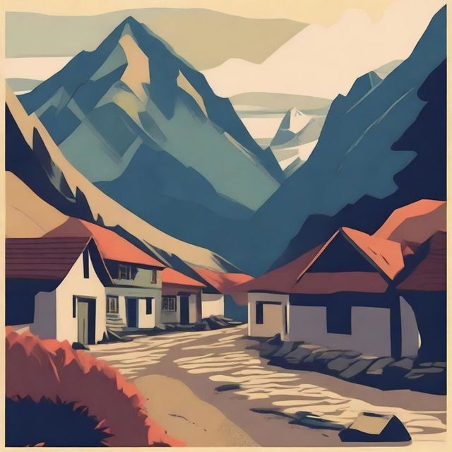 Design a cinematic poster for a film set in a mountainous region, focusing on the story of a village