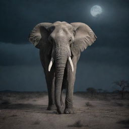 A chilling yet compelling image of an undead elephant, with skeletal features and haunting eyes, slowly moving through a desolate landscape under a moonlit sky.