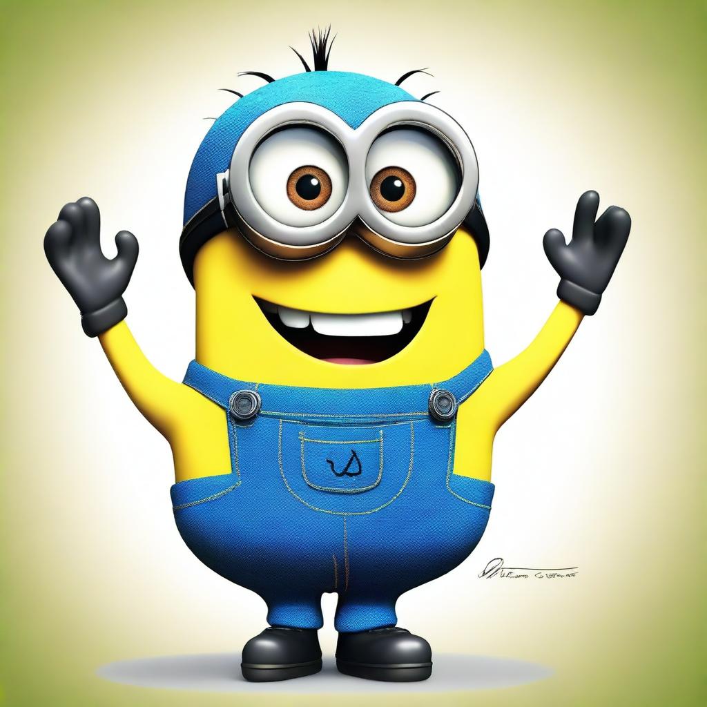 A detailed and vibrant illustration of a Minion named Dave, featuring his signature blue overalls, goggles, and cheerful expression