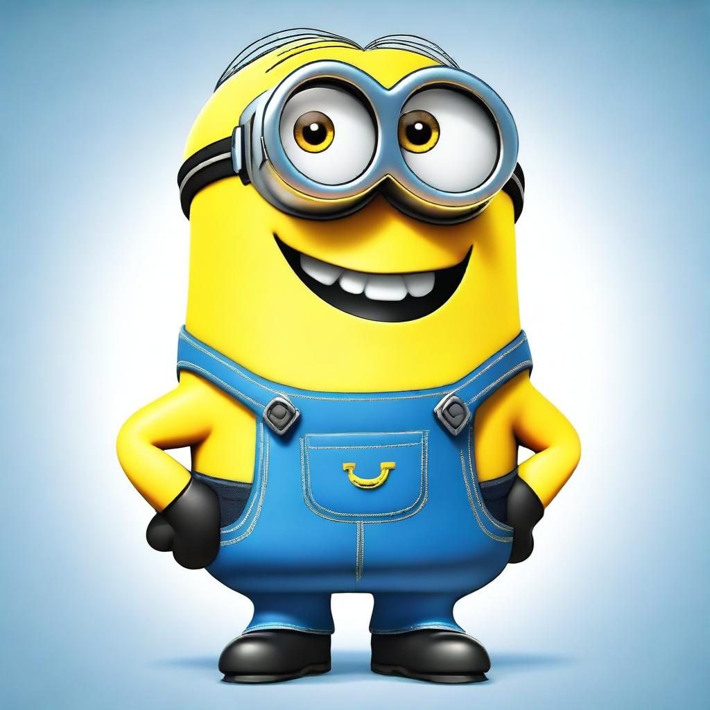 A detailed and vibrant illustration of a Minion named Dave, featuring his signature blue overalls, goggles, and cheerful expression