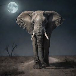 A chilling yet compelling image of an undead elephant, with skeletal features and haunting eyes, slowly moving through a desolate landscape under a moonlit sky.