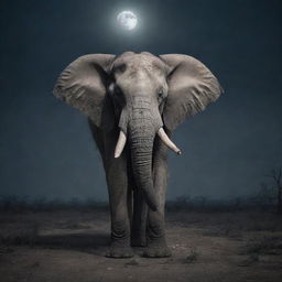 A chilling yet compelling image of an undead elephant, with skeletal features and haunting eyes, slowly moving through a desolate landscape under a moonlit sky.