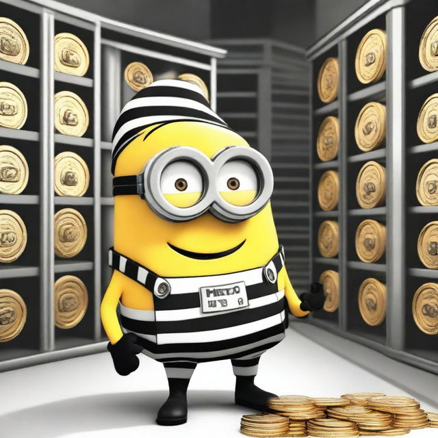 A Minion named Heist Minion dressed in a black and white striped prisoner outfit, holding a small bag of loot and wearing a classic black eye mask
