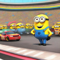 A scene featuring a Minion named Phil from the Despicable Me series, dressed in a colorful dress and a stylish hat