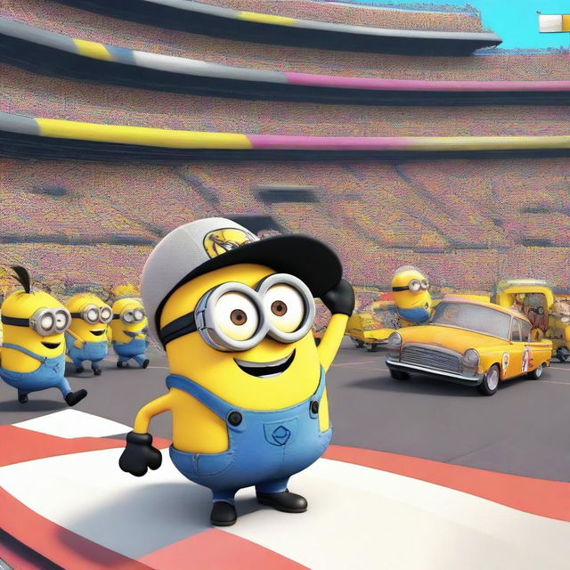 A scene featuring a Minion named Phil from the Despicable Me series, dressed in a colorful dress and a stylish hat