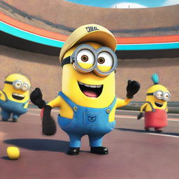 A scene featuring a Minion named Phil from the Despicable Me series, dressed in a colorful dress and a stylish hat