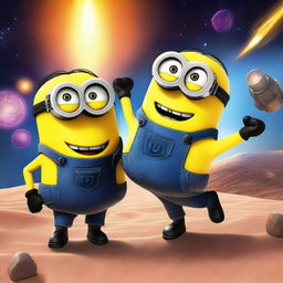 Create a vibrant and dynamic scene featuring the Minions from Despicable Me in a cosmic heist