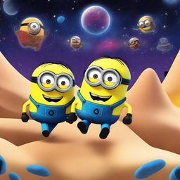 Create a vibrant and dynamic scene featuring the Minions from Despicable Me in a cosmic heist