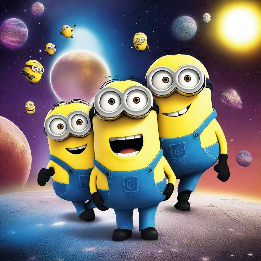 Create a vibrant and dynamic scene featuring the Minions from Despicable Me in a cosmic heist