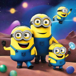 Create a vibrant and dynamic scene featuring the Minions from Despicable Me in a cosmic heist