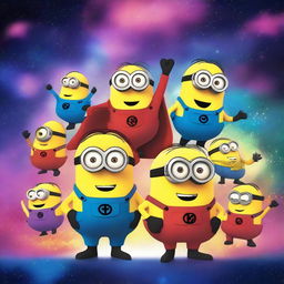 A group of superhero minions with cosmic powers, wearing colorful and futuristic costumes