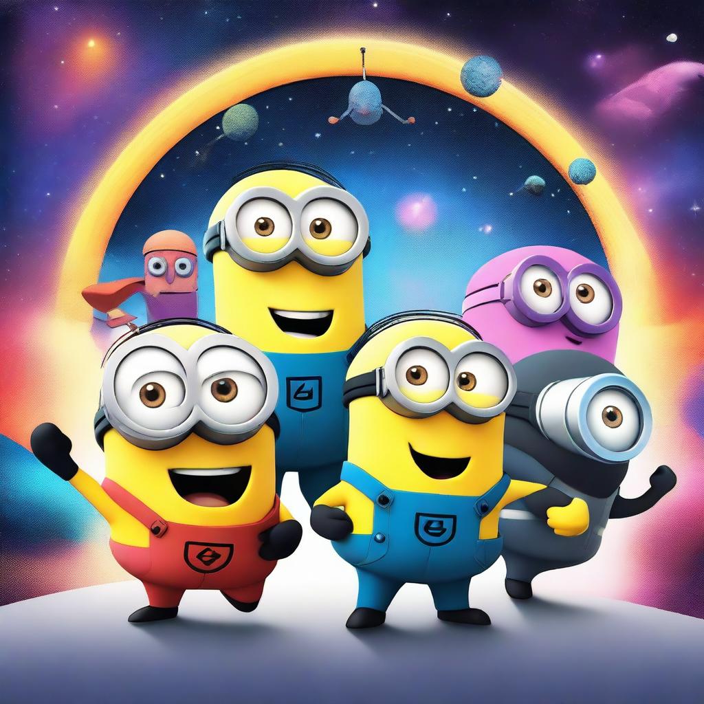 A group of superhero minions with cosmic powers, wearing colorful and futuristic costumes