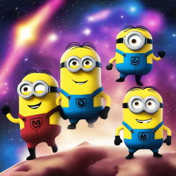 A group of superhero minions with cosmic powers, wearing colorful and futuristic costumes