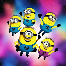 A group of superhero minions with cosmic powers, wearing colorful and futuristic costumes