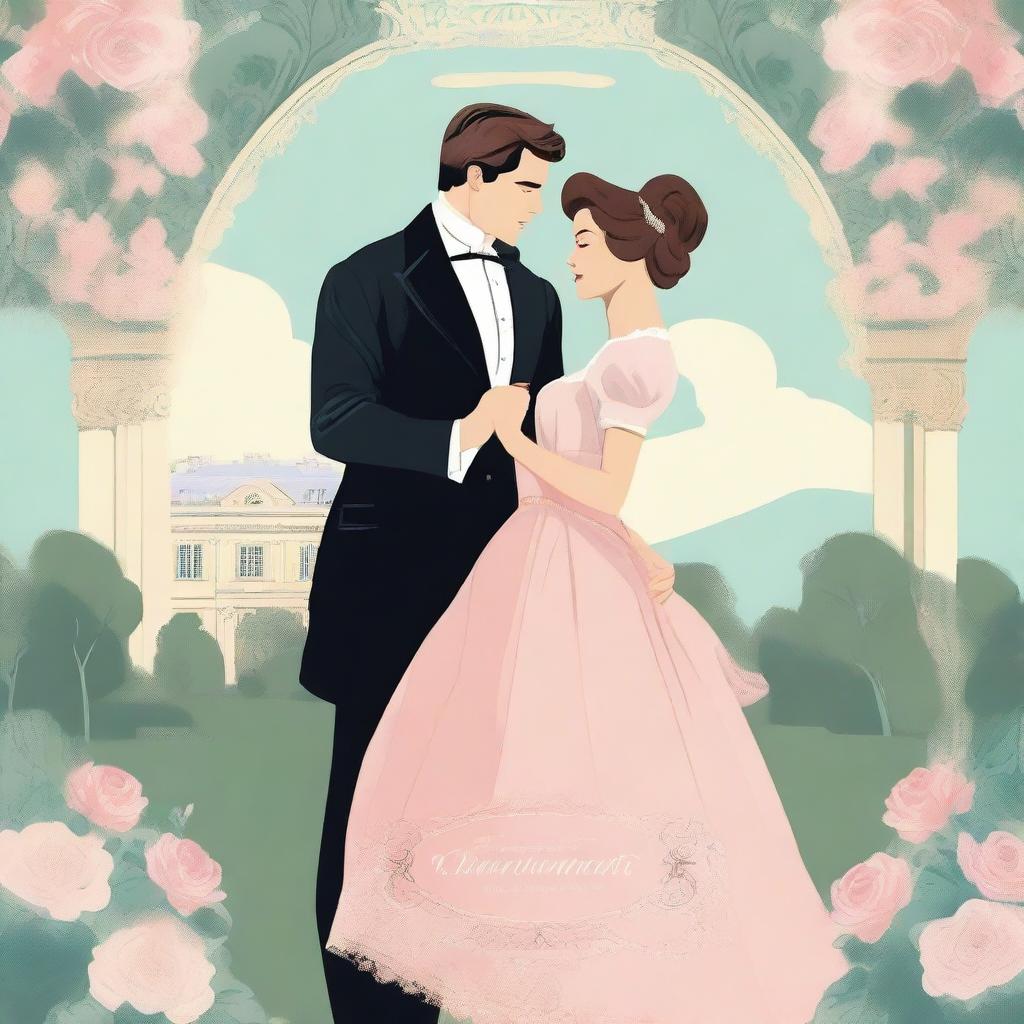 Create an illustrated vintage movie poster with a regency romance theme