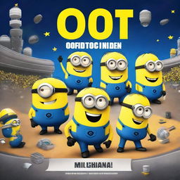 Create a cosmic-themed book cover featuring Minions in a pit crew setting