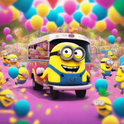 A lively and colorful scene featuring a Minion named Party Phil holding a pineapple drink, dancing inside a party bus