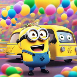 A lively and colorful scene featuring a Minion named Party Phil holding a pineapple drink, dancing inside a party bus