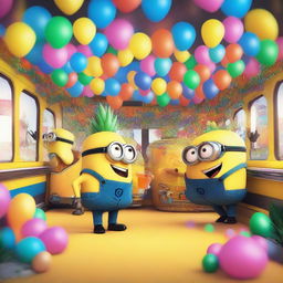 A lively and colorful scene featuring a Minion named Party Phil holding a pineapple drink, dancing inside a party bus