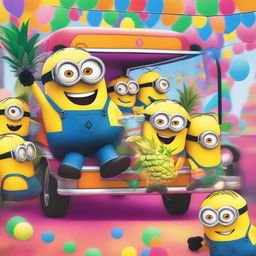 A lively and colorful scene featuring a Minion named Party Phil holding a pineapple drink, dancing inside a party bus