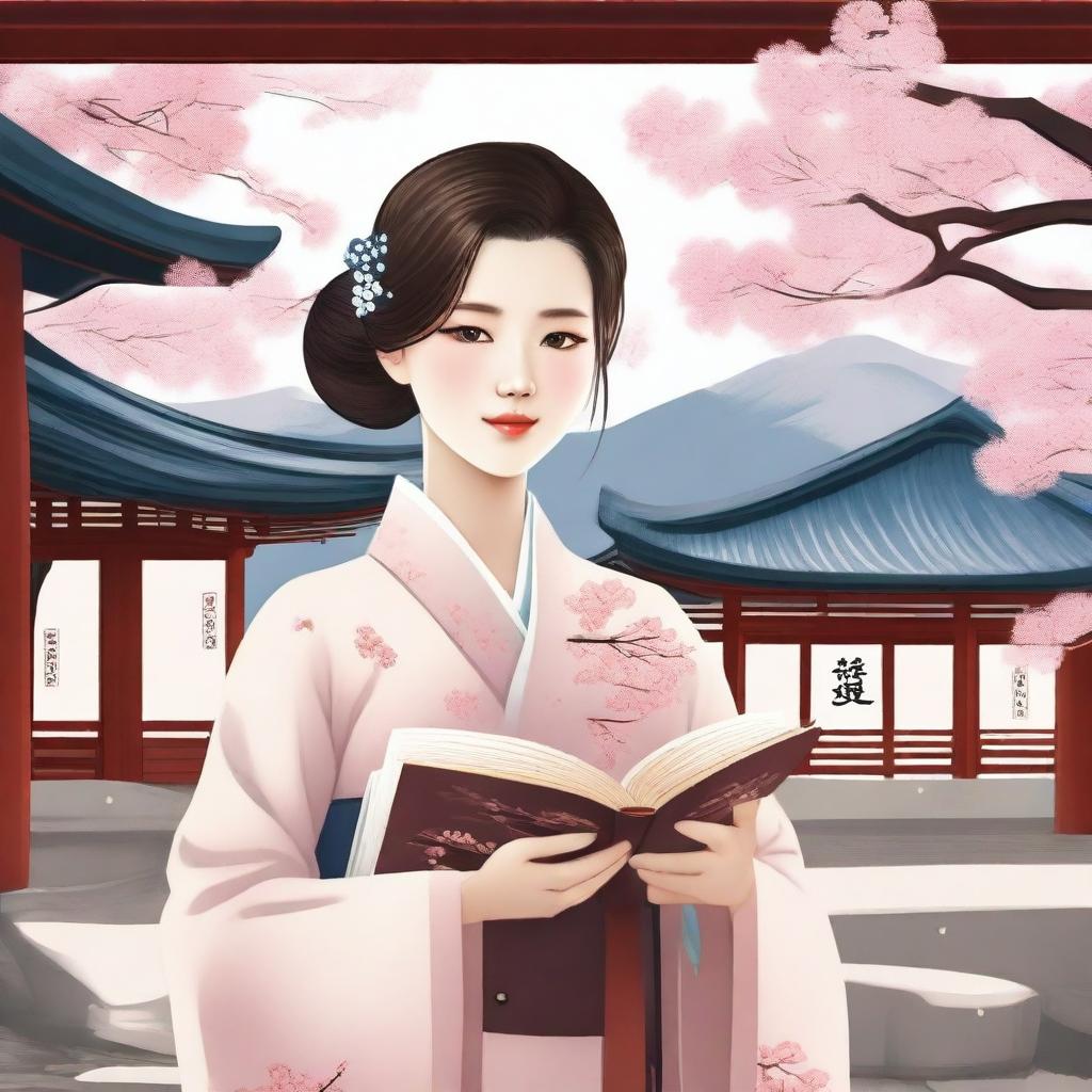 A Korean girl holding a book, standing in a serene environment