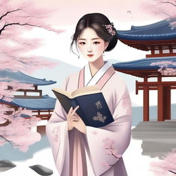 A Korean girl holding a book, standing in a serene environment