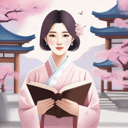 A Korean girl holding a book, standing in a serene environment