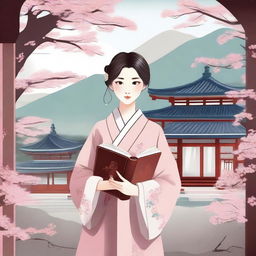 A Korean girl holding a book, standing in a serene environment