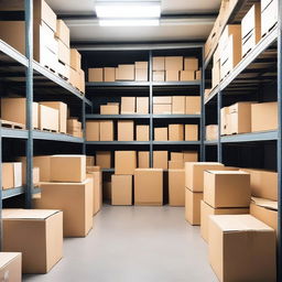 An image of a storage room filled with various boxes, shelves, and storage containers