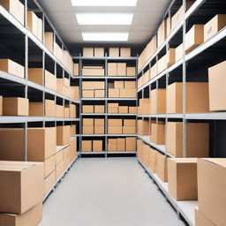 An image of a storage room filled with various boxes, shelves, and storage containers