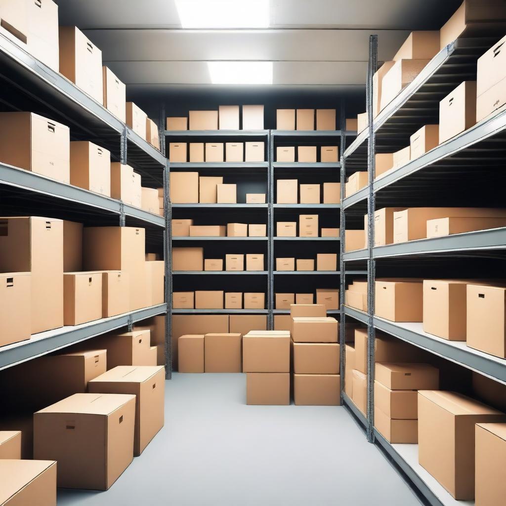 An image of a storage room filled with various boxes, shelves, and storage containers