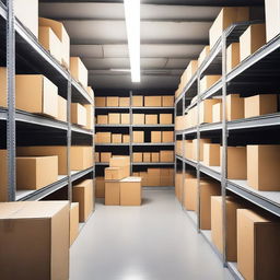 An image of a storage room filled with various boxes, shelves, and storage containers